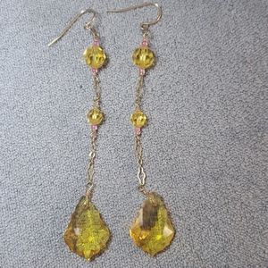 Gold crystal, chain, and tiny pink accent earrings